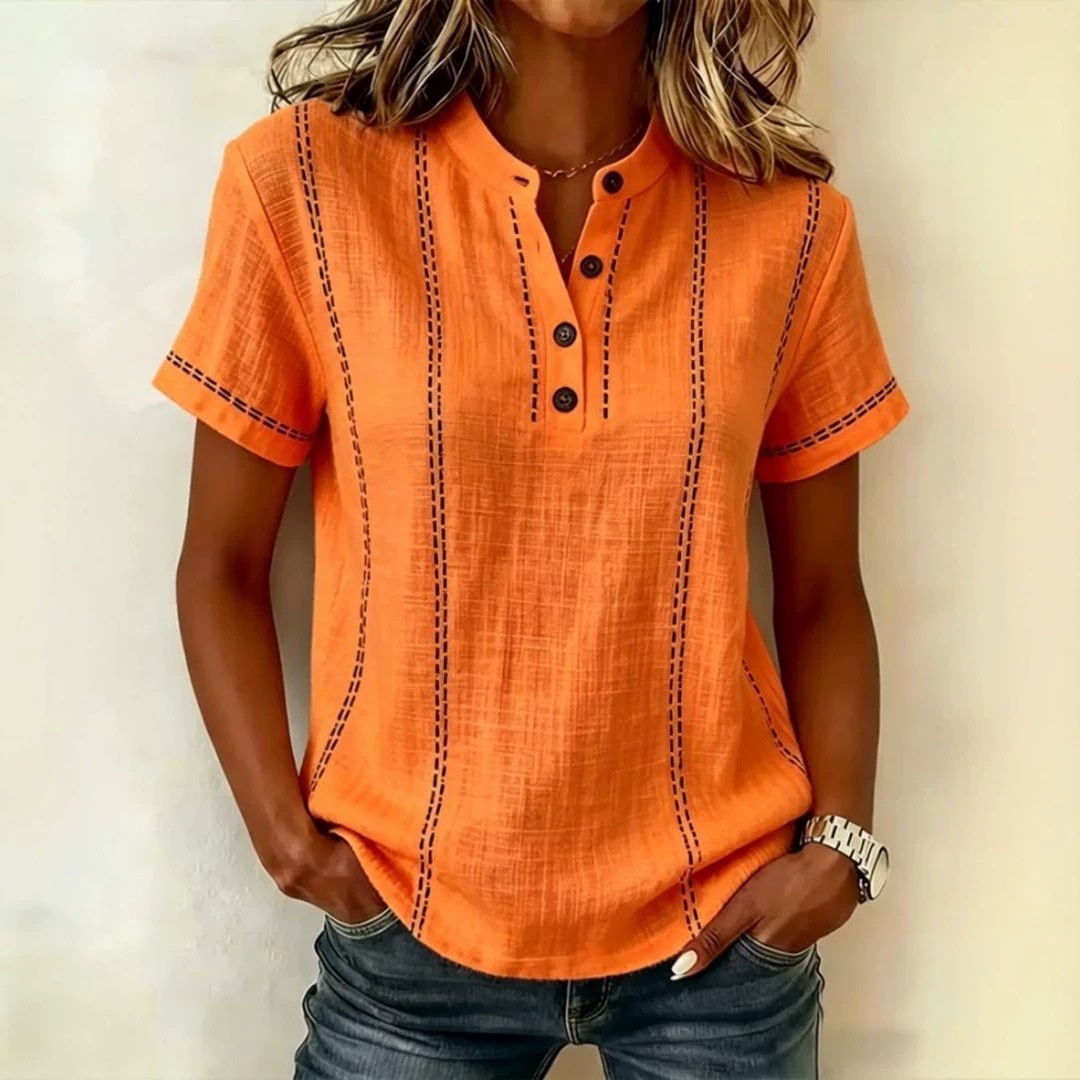 Summer Striped Short-Sleeve Shirts Casual Stand-Collar V-neck Button Blouse Womens Clothing - Image 6