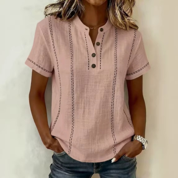 Summer Striped Short-Sleeve Shirts Casual Stand-Collar V-neck Button Blouse Womens Clothing - Image 2