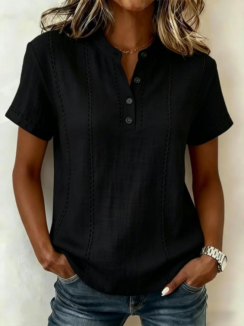Summer Striped Short-Sleeve Shirts Casual Stand-Collar V-neck Button Blouse Womens Clothing - Image 9