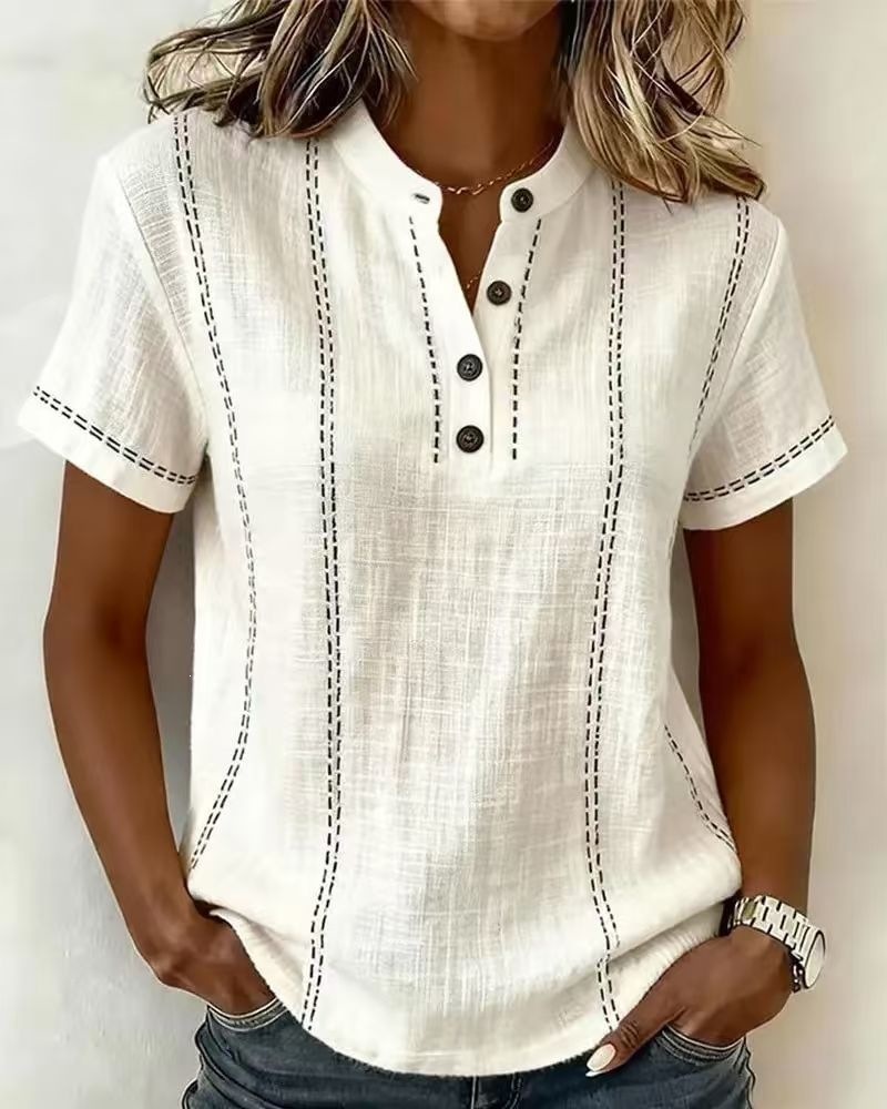 Summer Striped Short-Sleeve Shirts Casual Stand-Collar V-neck Button Blouse Womens Clothing - Image 3