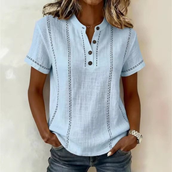 Summer Striped Short-Sleeve Shirts Casual Stand-Collar V-neck Button Blouse Womens Clothing - Image 4