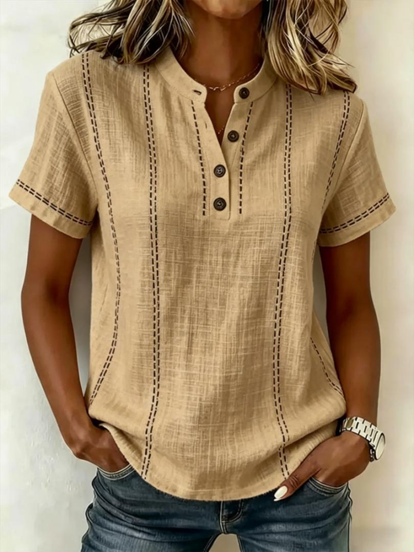 Summer Striped Short-Sleeve Shirts Casual Stand-Collar V-neck Button Blouse Womens Clothing - Image 7