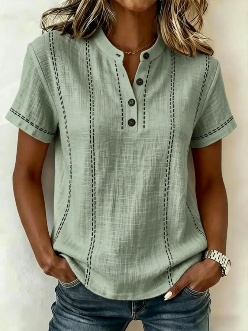 Summer Striped Short-Sleeve Shirts Casual Stand-Collar V-neck Button Blouse Womens Clothing - Image 8