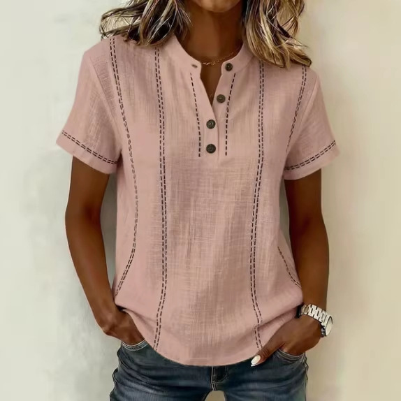 Summer Striped Short-Sleeve Shirts Casual Stand-Collar V-neck Button Blouse Womens Clothing - Image 5