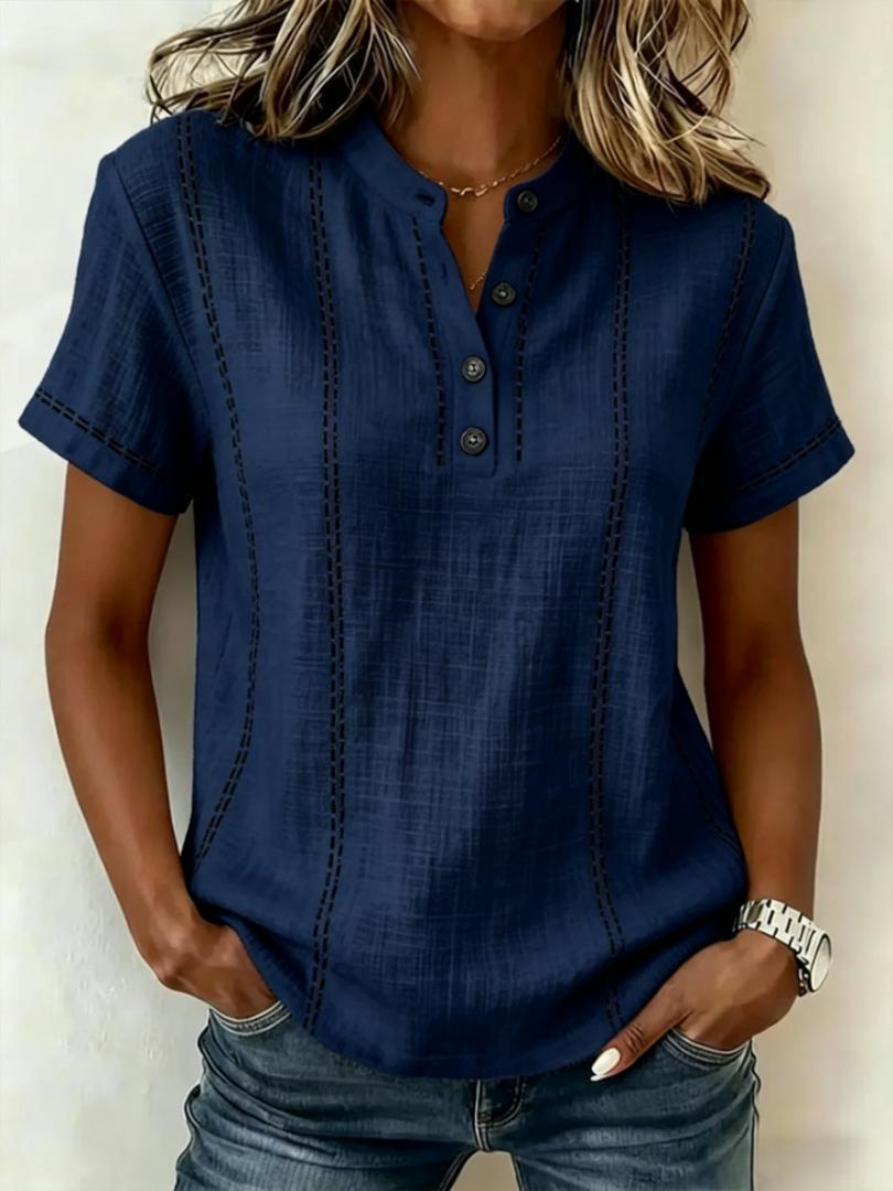 Summer Striped Short-Sleeve Shirts Casual Stand-Collar V-neck Button Blouse Womens Clothing - Image 10